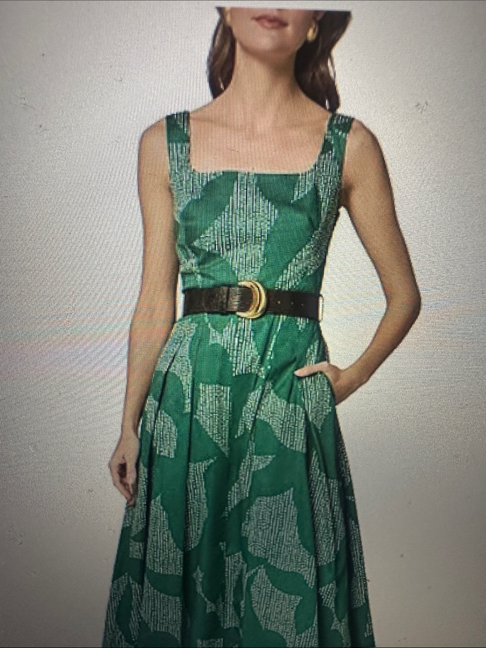 Donna Karan Green Patterned Square-Neck Dress brown belt